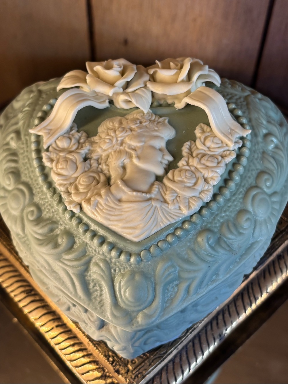 Heart-Shaped Decorative Trinket Box with Cameo Detail - Pale Aqua - Picture 2 of 16